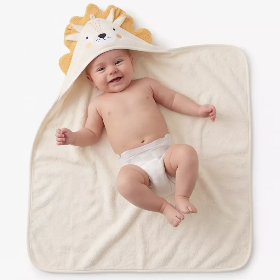 Cape de bain enfant pur coton 420 g/m² brodé jaune beige Petit lion angora