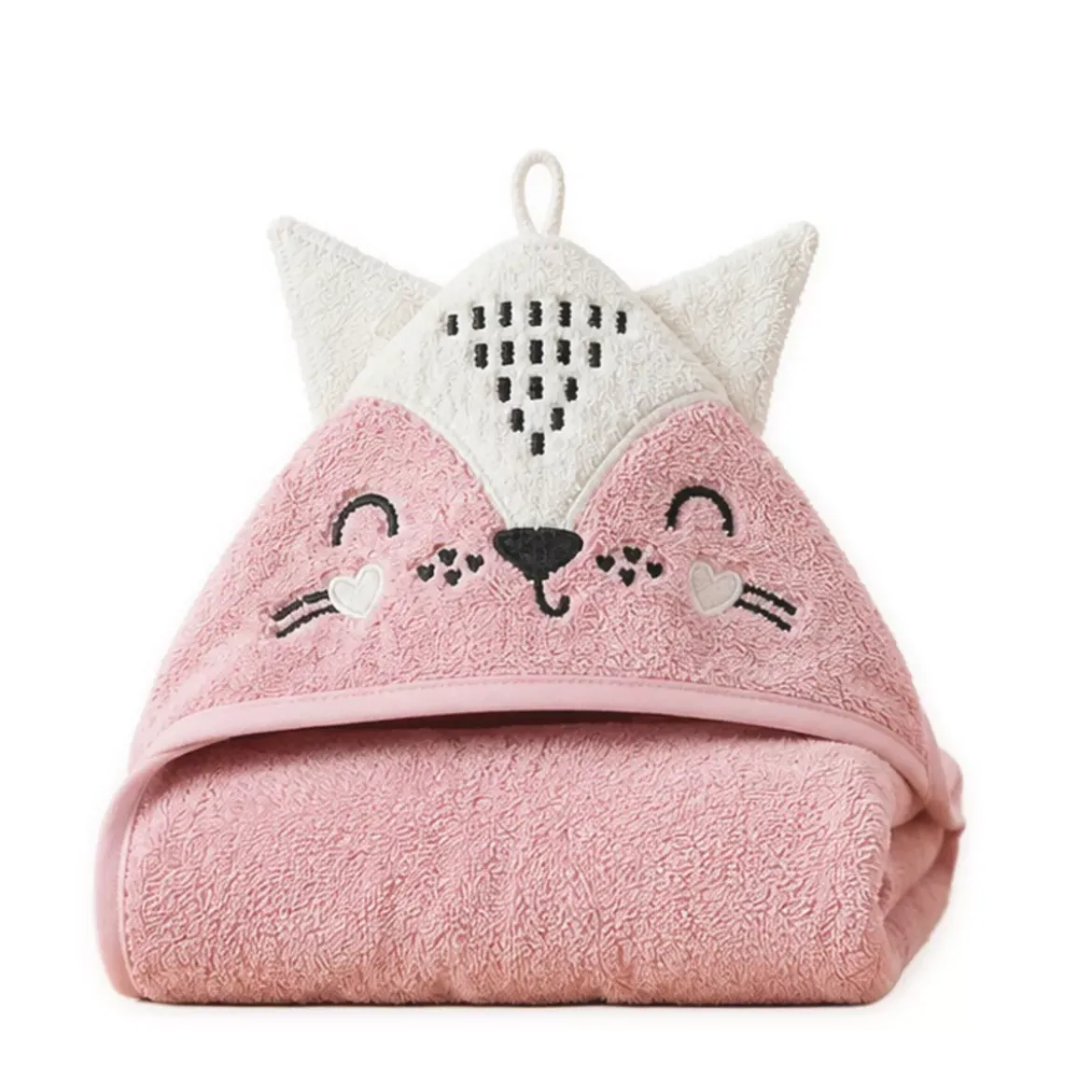 Cape de bain enfant pur coton 420 g/m² brodé rose Petite renarde rose
