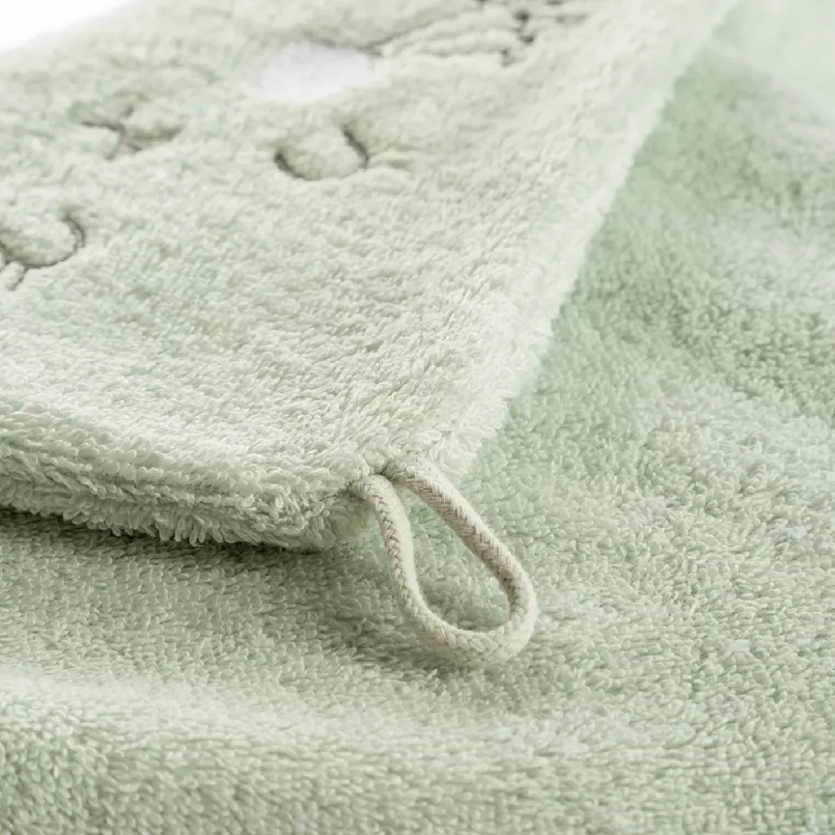 Cape de bain enfant pur coton 420 g/m² brodé vert Petit lapin vert d'eau