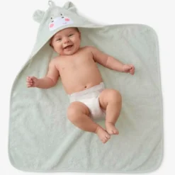 Cape de bain enfant pur coton 420 g/m² brodé vert Petit hippo vert d'eau