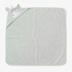 Cape de bain enfant pur coton 420 g/m² brodé vert Petit hippo vert d'eau