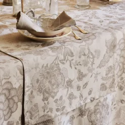 Chemin de table lin & coton antitache motif jacquard beige Mille giverny naturel