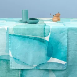 Chemin de table lin & coton lavé 150 g/m² imprimé bleu vert Aqua mineral