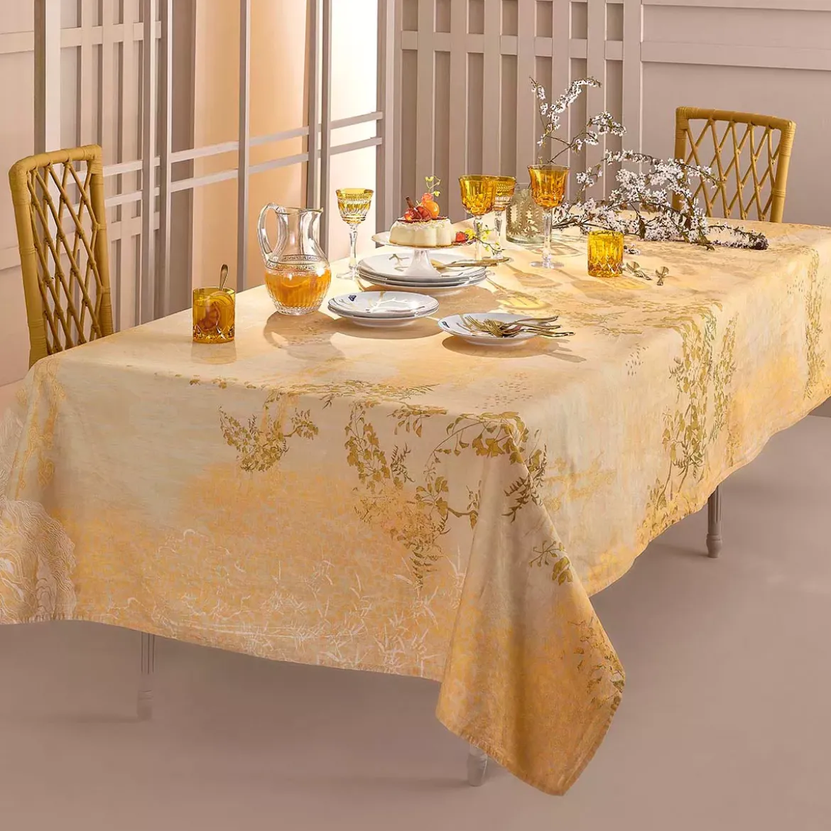 Chemin de table lin & coton lavé 190 g/m² imprimé jaune Soleil d'or dore