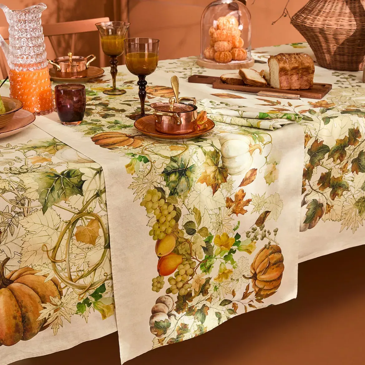 Chemin de table lin & coton lavé 190 g/m² imprimé beige orange Delices d'automne potiron