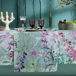 Chemin de table lin & coton lavé 150 g/m² imprimé bleu violet Ombres boisees givre