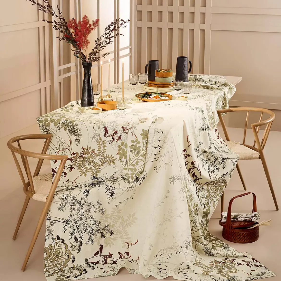 Chemin de table lin & coton lavé 150 g/m² imprimé beige Bambous parchemin
