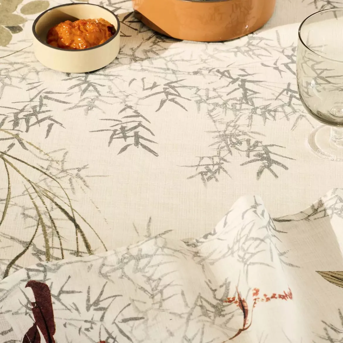 Chemin de table lin & coton lavé 150 g/m² imprimé beige Bambous parchemin