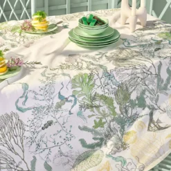 Chemin de table lin & coton lavé 150 g/m² imprimé blanc bleu vert Balade marine verde