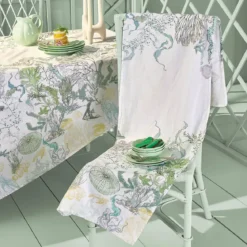 Chemin de table lin & coton lavé 150 g/m² imprimé blanc bleu vert Balade marine verde