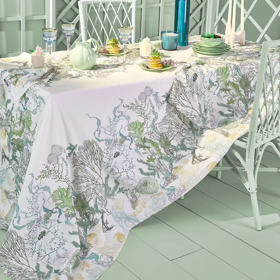Chemin de table lin & coton lavé 150 g/m² imprimé blanc bleu vert Balade marine verde