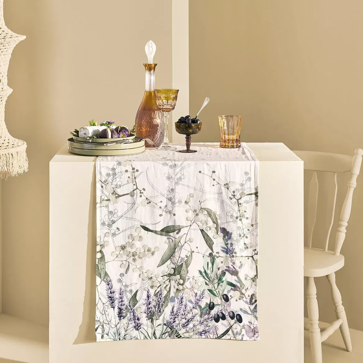 Chemin de table lin & coton lavé 150 g/m² imprimé violet Parfum de lavande mauve