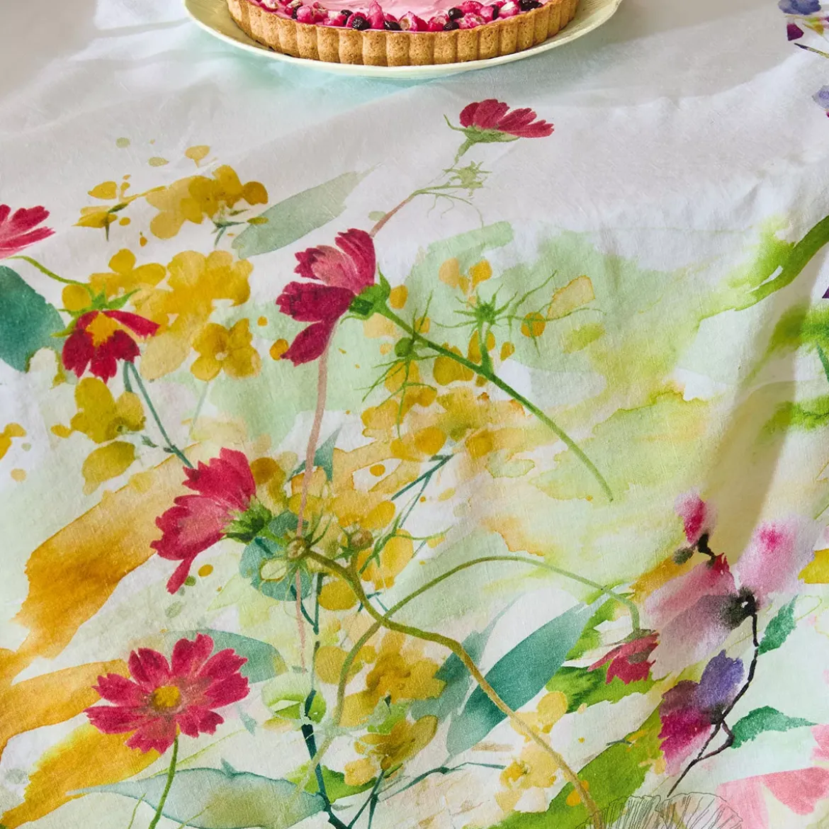 Chemin de table lin & coton lavé 150 g/m² imprimé rose jaune vert Souffle fleuri printemps