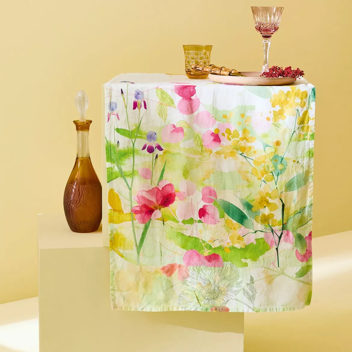 Chemin de table lin & coton lavé 150 g/m² imprimé rose jaune vert Souffle fleuri printemps