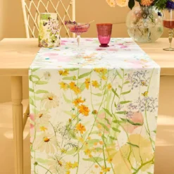 Chemin de table lin & coton lavé 150 g/m² imprimé rose vert Rosee du matin printemps