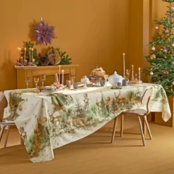 Chemin de table lin & coton lavé 150 g/m² imprimé beige vert Noel vintage dore