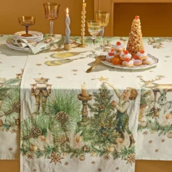Chemin de table lin & coton lavé 150 g/m² imprimé beige vert Noel vintage dore
