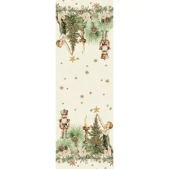 Chemin de table lin & coton lavé 150 g/m² imprimé beige vert Noel vintage dore