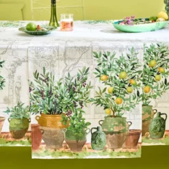 Chemin de table lin & coton lavé 190 g/m² imprimé vert marron Jardin provencal olive
