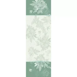 Chemin de table pur coton antitache motif jacquard vert Jardin de pivoines vert