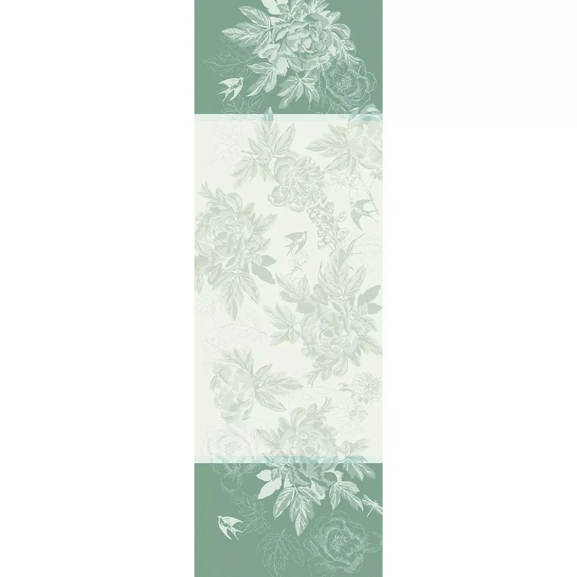 Chemin de table pur coton antitache motif jacquard vert Jardin de pivoines vert