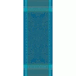 Chemin de table pur coton antitache motif jacquard bleu Isaphire emeraude