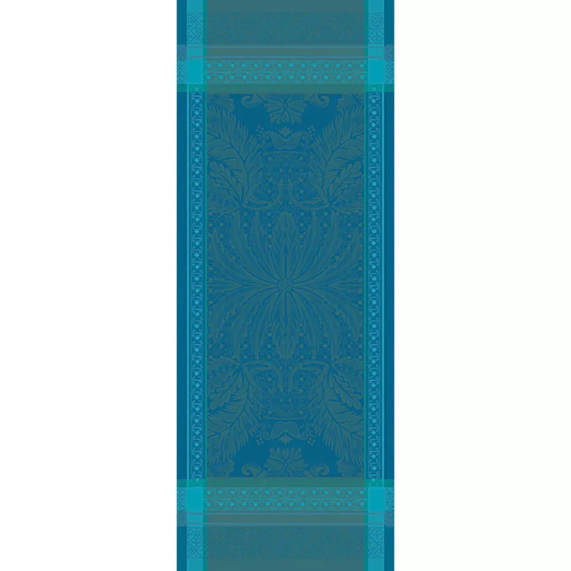 Chemin de table pur coton antitache motif jacquard bleu Isaphire emeraude