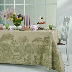 Chemin de table pur coton antitache motif jacquard vert Jardin spirituel olive