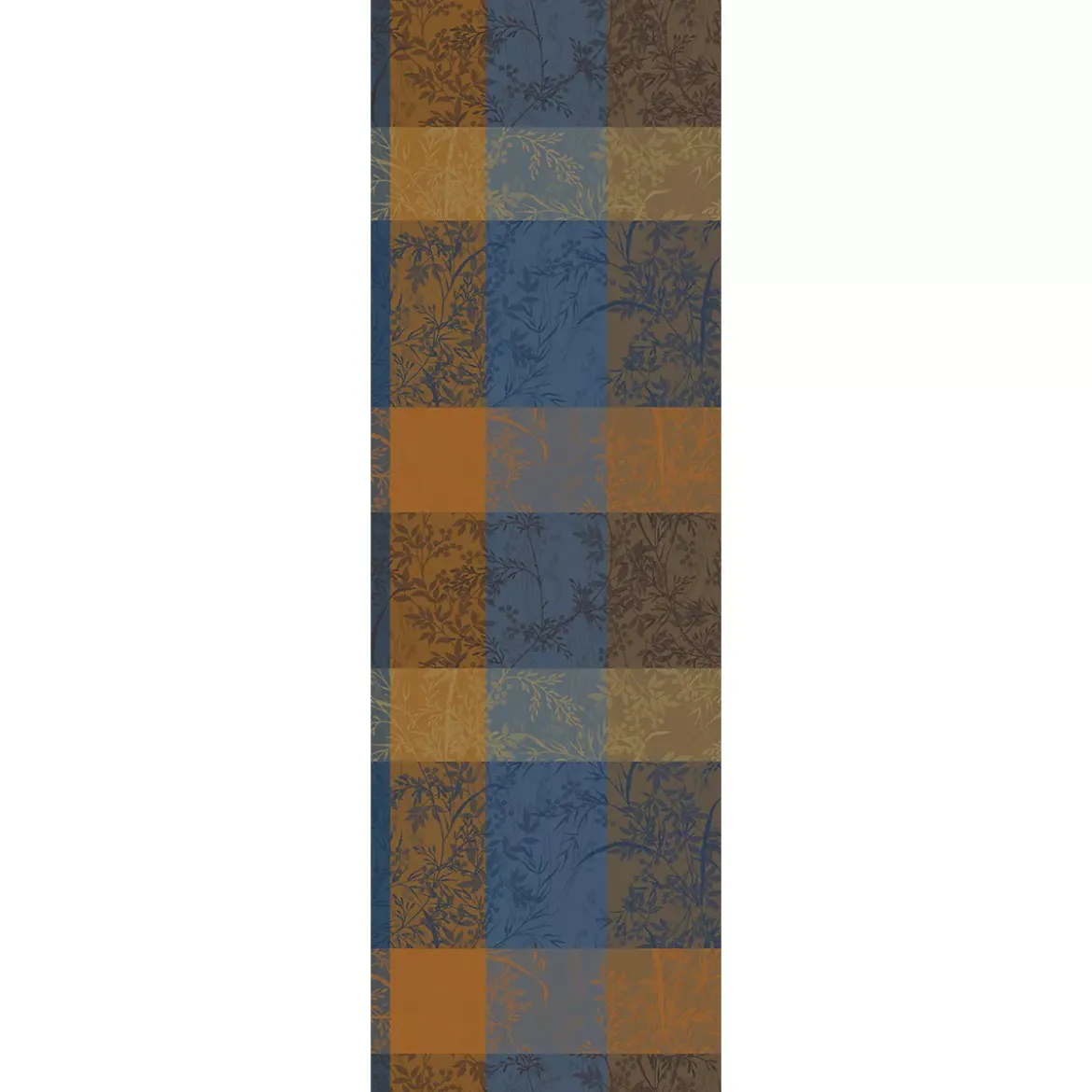Chemin de table pur coton 220 g/m² motif jacquard bleu brun Mille branchages crepuscule