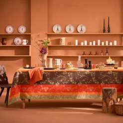 Chemin de table pur coton 220 g/m² motif jacquard orange marron Mille lierres automne