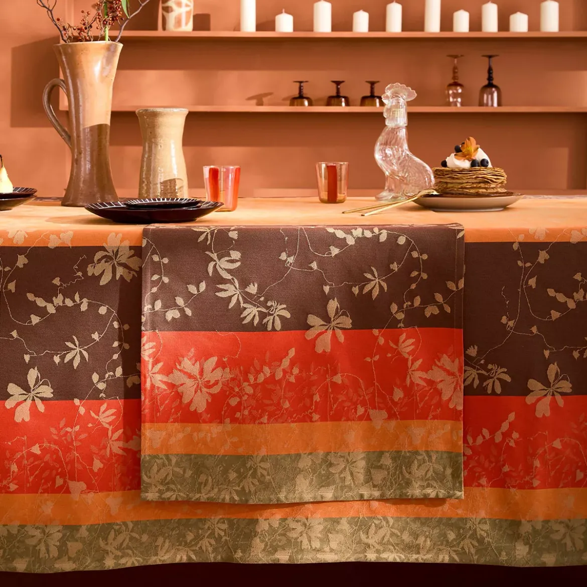 Chemin de table pur coton 220 g/m² motif jacquard orange marron Mille lierres automne