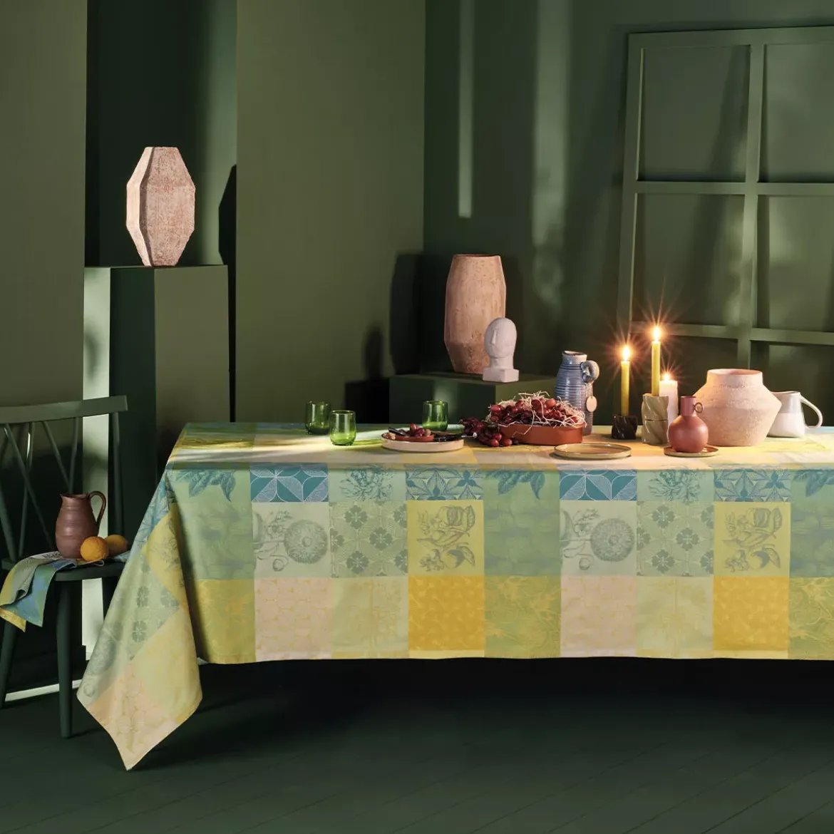 Chemin de table pur coton motif jacquard jaune vert Mille parfums limoni