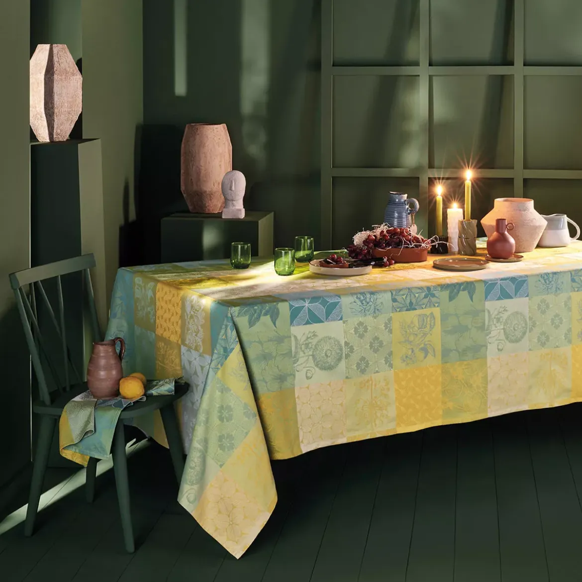 Chemin de table pur coton motif jacquard jaune vert Mille parfums limoni