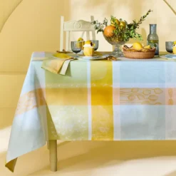 Chemin de table pur coton motif jacquard jaune vert Mille lieues aube