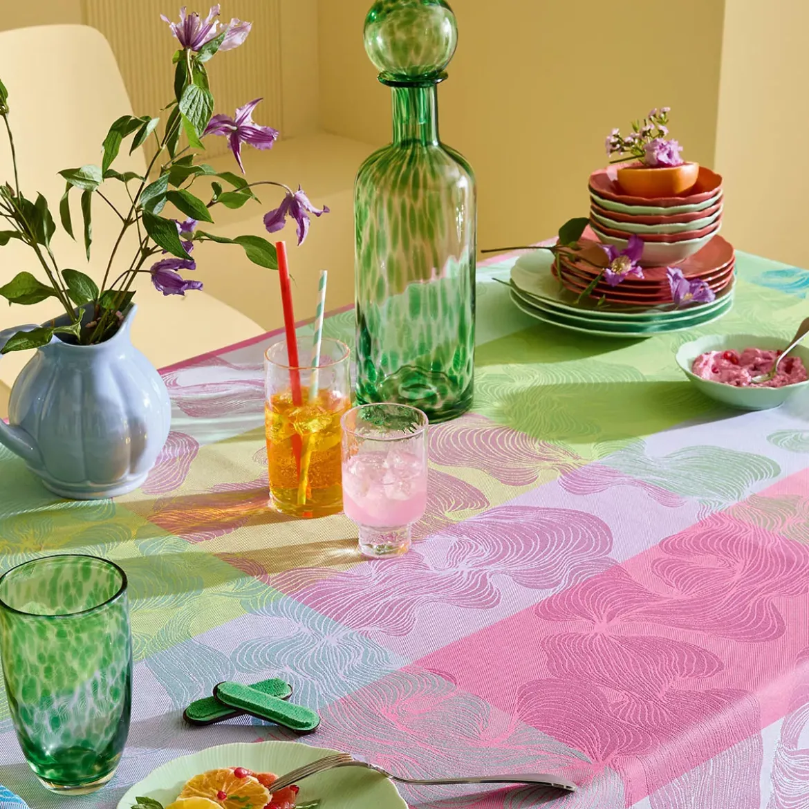 Chemin de table pur coton motif jacquard bleu rose vert Mille vertiges ara