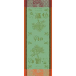 Chemin de table pur coton motif jacquard vert Cacaoyer en pot vert