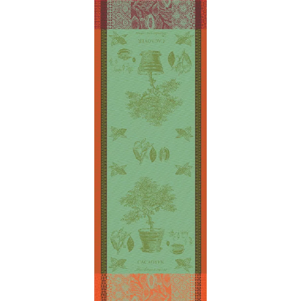 Chemin de table pur coton motif jacquard vert Cacaoyer en pot vert