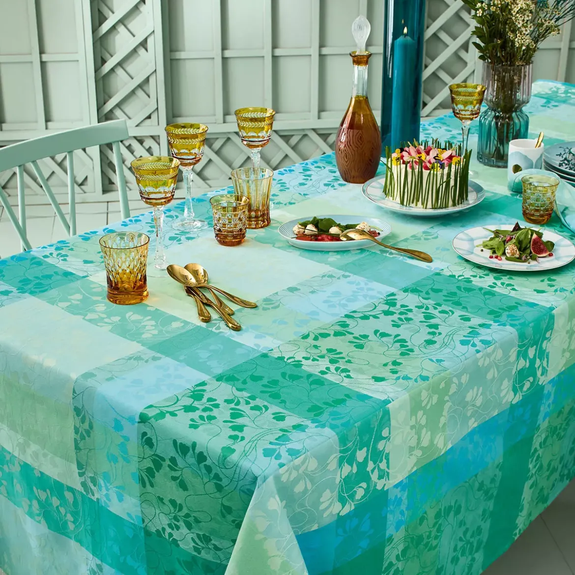 Chemin de table pur coton motif jacquard bleu vert Mille feuillages turquoise