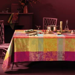 Chemin de table pur coton motif jacquard orange bordeaux Mille sous bois automne