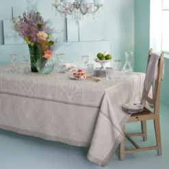 Chemin de table pur lin antitache motif jacquard beige Harmonie beige