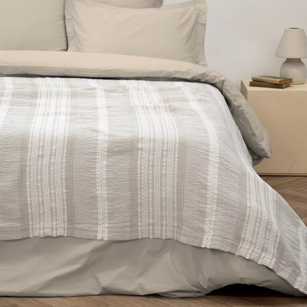Couvre-lit pur coton lavé 450 g/m² rayé blanc beige Luberon naturel