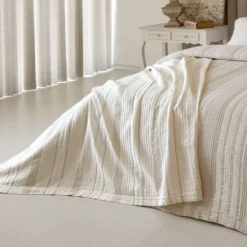 Couvre-lit pur coton lavé 450 g/m² rayé blanc beige Gordes blanc