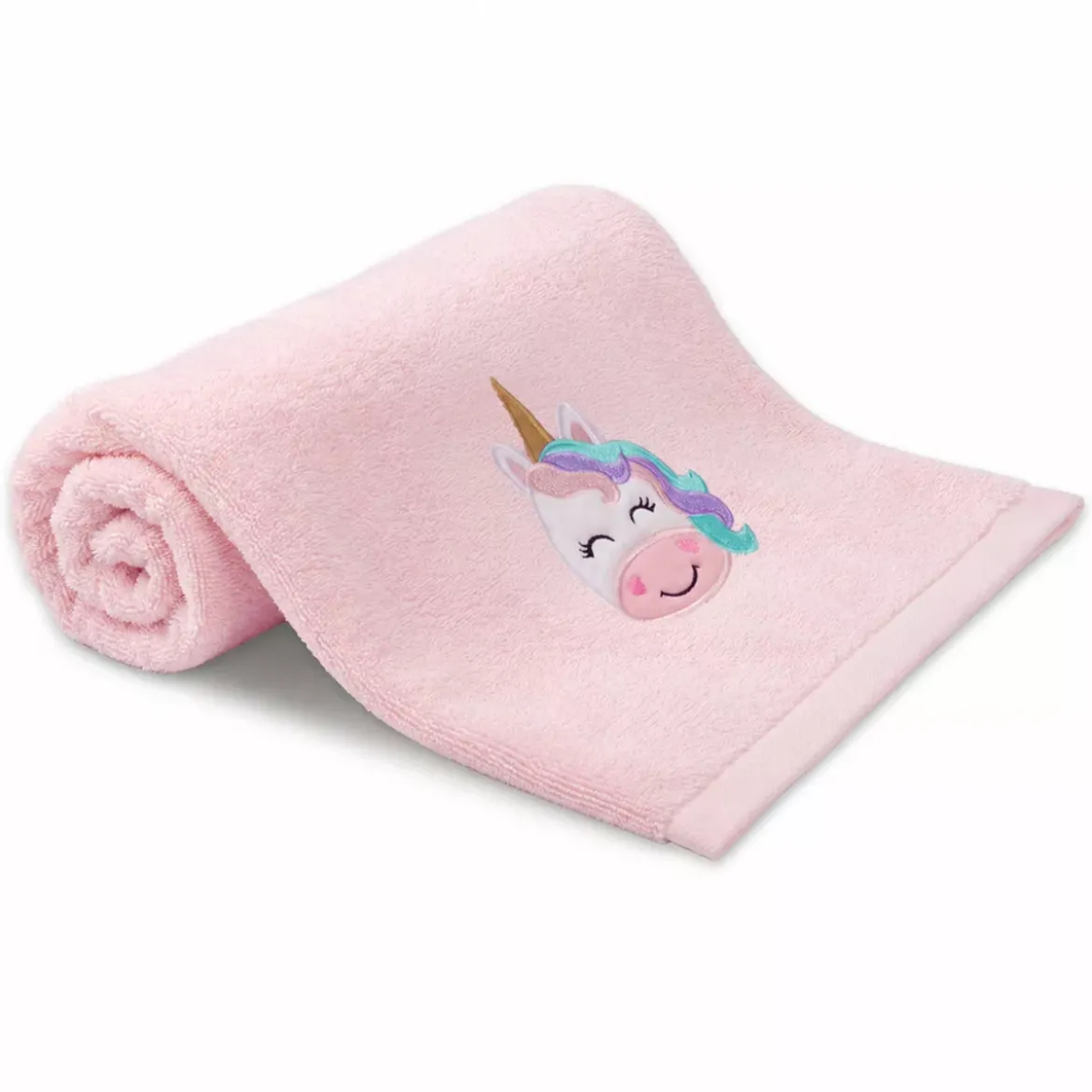 Drap de douche enfant pur coton 500 g/m² brodé rose Petite licorne rose