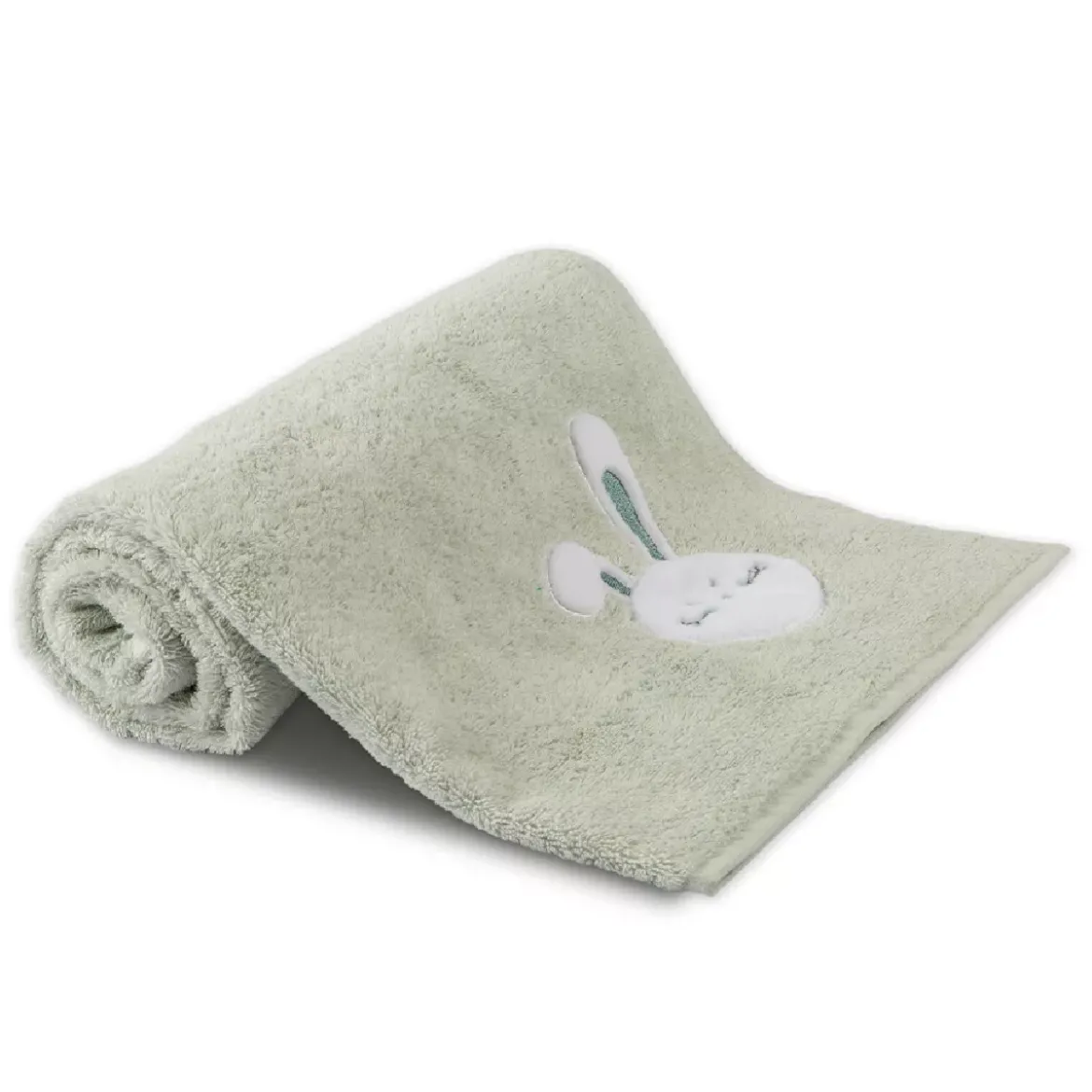 Drap de douche enfant pur coton 500 g/m² brodé vert Petit lapin vert d'eau