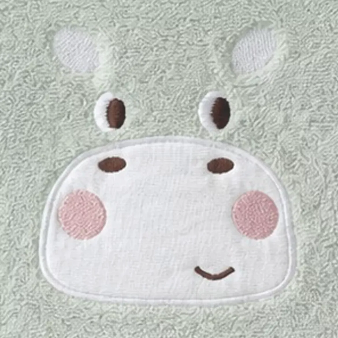 Drap de douche enfant pur coton 500 g/m² brodé vert Petit hippo vert d'eau