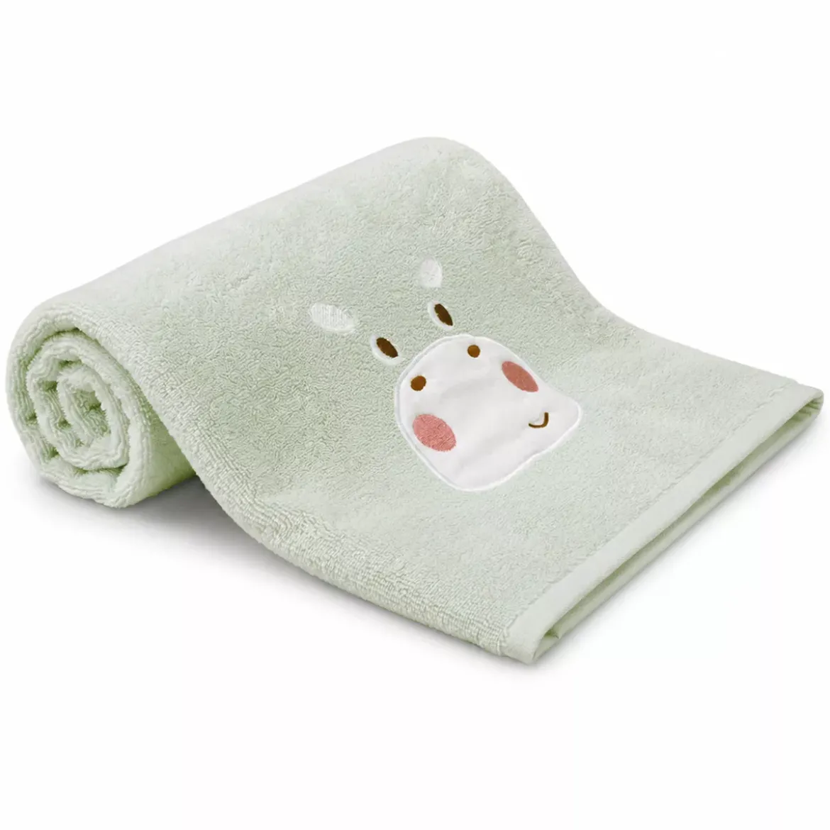 Drap de douche enfant pur coton 500 g/m² brodé vert Petit hippo vert d'eau
