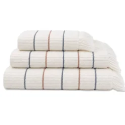 Drap de douche pur coton 580 g/m² tissé teint rayé bordeaux marine Farniente tangerine