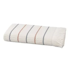 Drap de douche pur coton 580 g/m² tissé teint rayé bordeaux marine Farniente tangerine