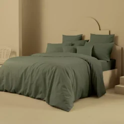 Drap housse b35 lin & coton 160 g/m² uni vert Le metis francais kaki