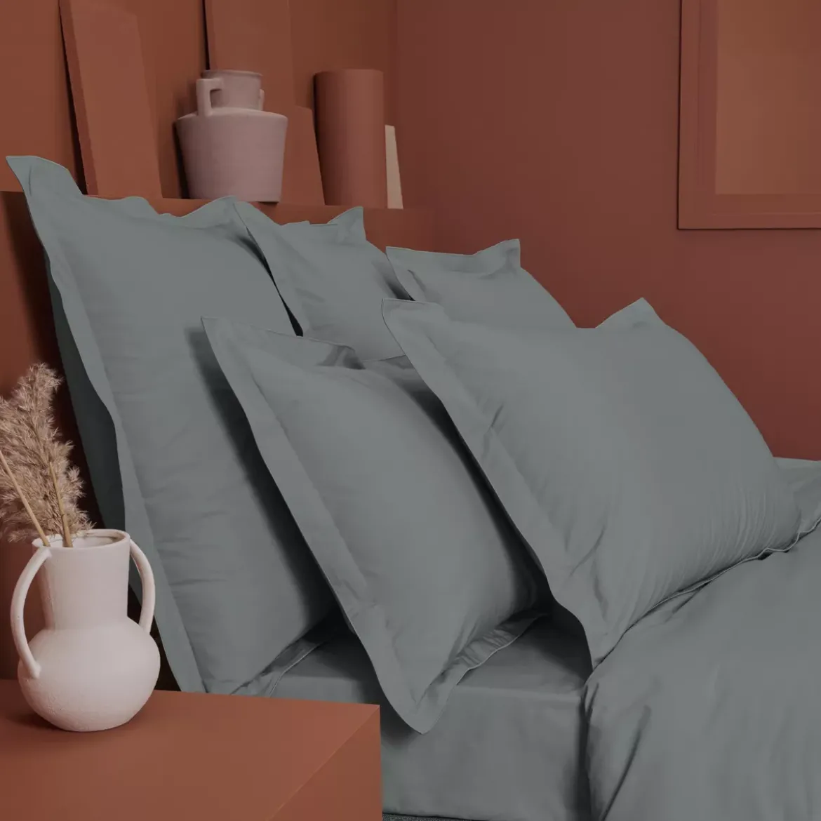 Drap housse b40 percale de coton uni anthracite La percale francaise acier